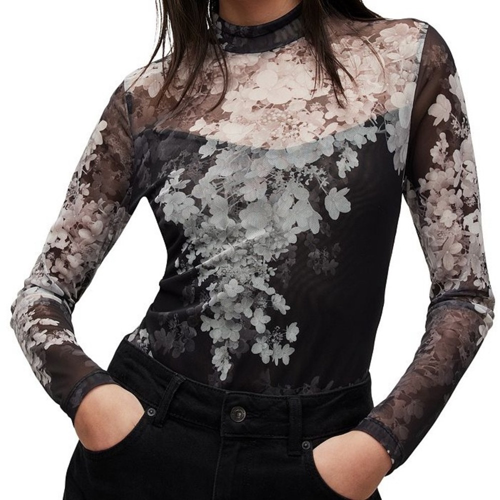 Allsaints Elia Venetia Mesh Floral Print Bodysuit
